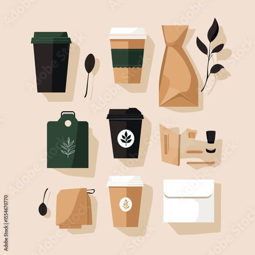 Minimalist coffee shop branding set with disposable cups, packaging, tags, envelopes, and botanical leaf accents in flat style vector illustration