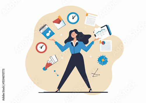Businesswoman multitasking with charts clock documents and data analytics showing productivity performance and work efficiency concept flat vector illustration