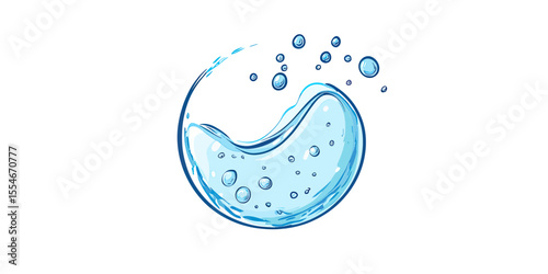 Hand drawn water bubble with floating air droplets simple line sketch style isolated vector illustration in soft blue transparent liquid splash design