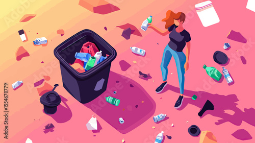 Woman collecting plastic bottles trash and waste into large garbage bin with scattered litter on ground environmental pollution cleanup concept flat vector illustration