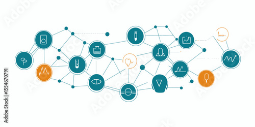 Vector medical and health icons connected by network lines in flat minimalist style illustrating healthcare data analysis and digital health technology concept
