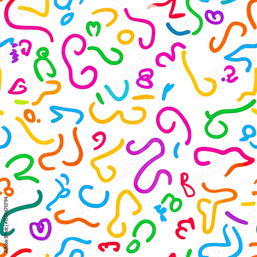 Colorful abstract squiggle seamless pattern with playful curved lines and shapes in bright primary and secondary colors on white background for kids design and decor