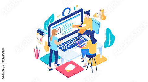 Isometric team collaborating on digital content creation using laptop and tablet with office supplies and creative workspace elements vector illustration