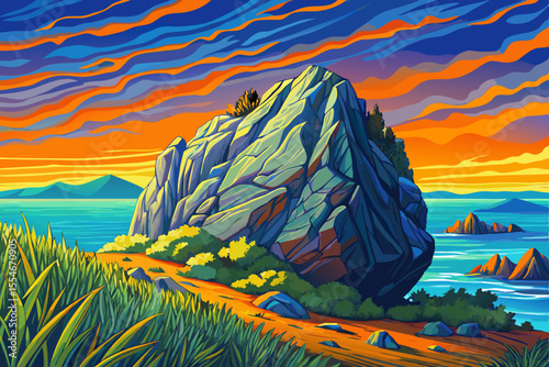Coastal grassland landscape with volcanic rocks and sea breeze, beautiful beach