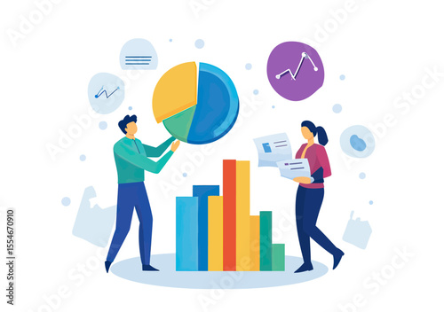Business people analyzing colorful pie chart and bar graph data visualization with abstract analytics symbols in flat vector design