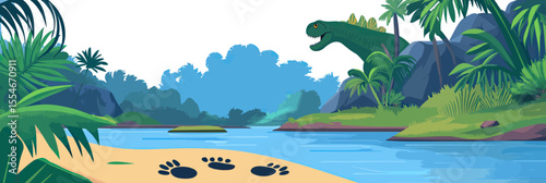 Prehistoric riverbank landscape with giant dinosaur footprints lush tropical plants and distant theropod dinosaur silhouette vector illustration