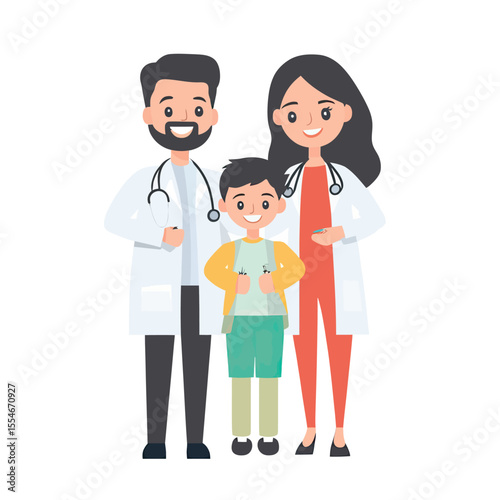 Smiling male and female doctors with stethoscopes standing behind happy young boy in casual clothes healthcare medical professionals pediatric consultation vector