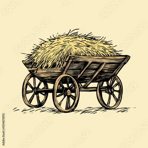Hand drawn vintage wooden hay cart filled with straw pile rustic farm agriculture transport illustration in sketch style