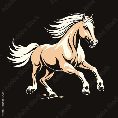 Dynamic running horse with flowing mane and tail in minimalist vector style isolated on dark background for equestrian and wildlife themes