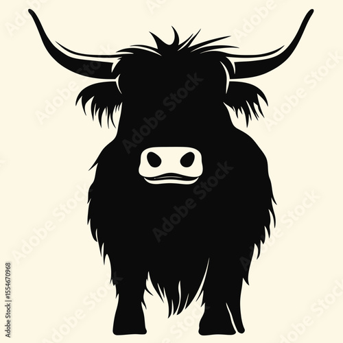 Highland cow front silhouette with long horns and shaggy fur black minimalist vector illustration on light background for farming and wildlife design concept