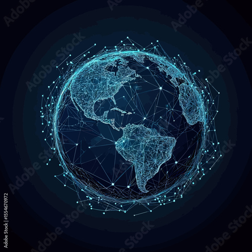 Digital wireframe globe with North and South America continents connected by glowing network of dots lines on dark background