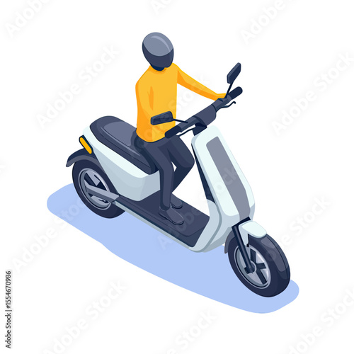 Isometric vector illustration of person wearing helmet and yellow jacket riding white modern electric scooter on blue shadow isolated on white background flat minimalist design