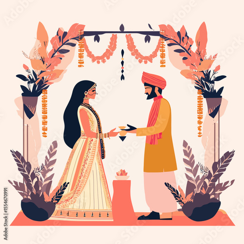 Indian traditional wedding couple exchanging ceremonial items under floral decorated arch in minimalist flat vector illustration