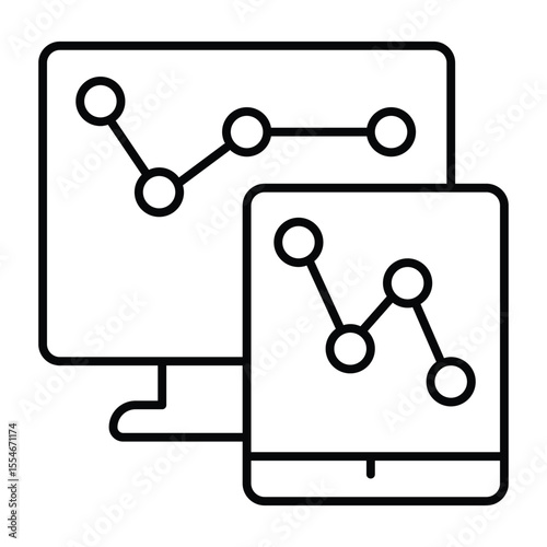 Monitor and tablet screen with chart thin line icon, neural dataset concept. Vector graphics. Displays with data graphs sign on white background, style mobile or design.
