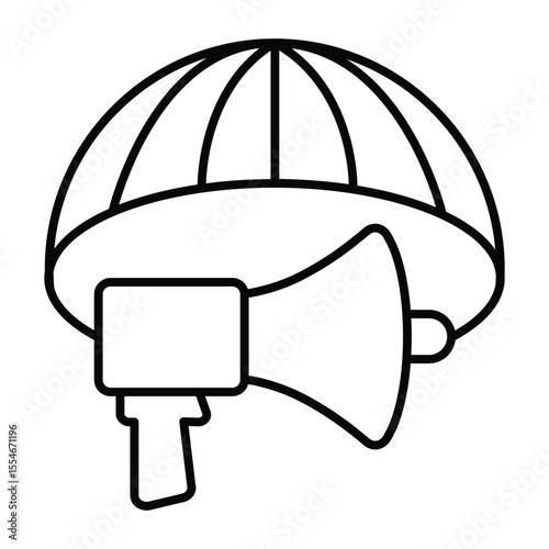 Dome cap and loudspeaker thin line icon, neural dataset concept. Vector graphics. Target audience data analysis, promotion sign on white background, style mobile or design.