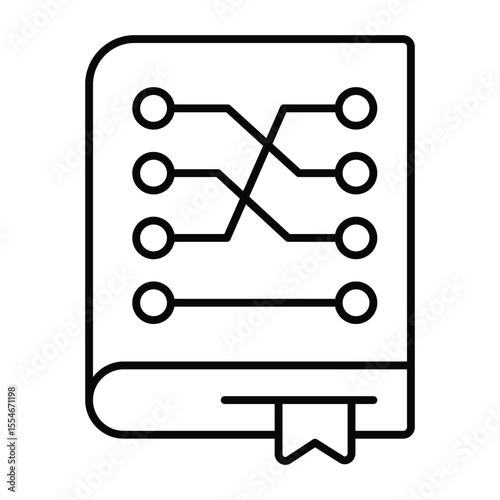 Training data book with bookmark thin line icon, neural dataset concept. Vector graphics. Language model with connections sign on white background, style mobile or design.