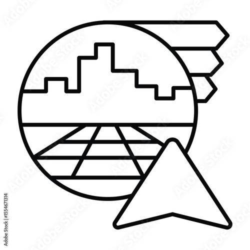 City and bookmarks with navigation cursor thin line icon, neural dataset concept. Vector graphics. Map data visualization sign on white background, style mobile or design.