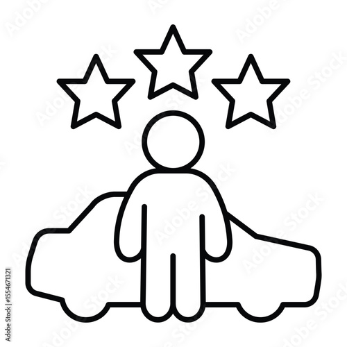 Man and stars with taxi car thin line icon, neural dataset concept. Vector graphics. Famous service, feedback tracking sign on white background, style mobile or design.