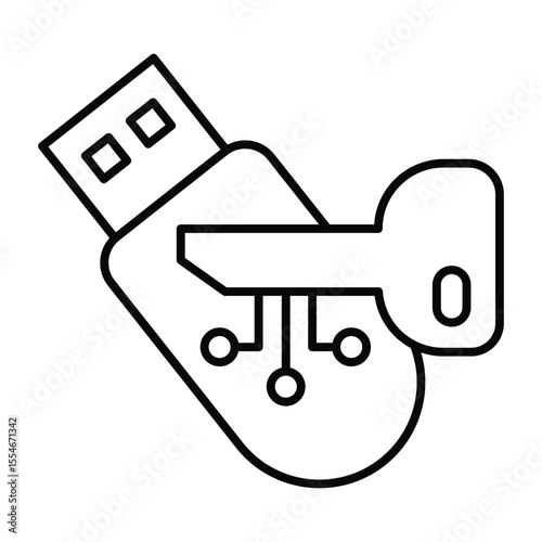 Key and flash drive thin line icon, neural dataset concept. Vector graphics. Encrypted system digital access key, encryption sign on white background, style mobile or design.