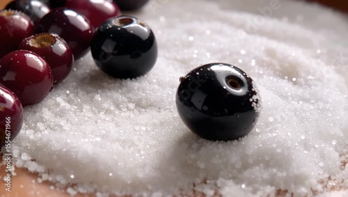 Delicate Berries Roll in Sugar Granules Creating a Sparkling Display on a White Background