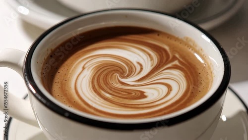 Swirling Espresso Crema Under a Spoon Tip Creates Intricate Patterns in a Ceramic Cup on a Smooth Surface