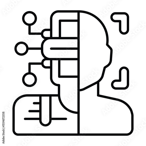 Robot or person recognition thin line icon, neural network concept. Vector graphics. Virtual assistant identity sign on white background, style mobile or design.