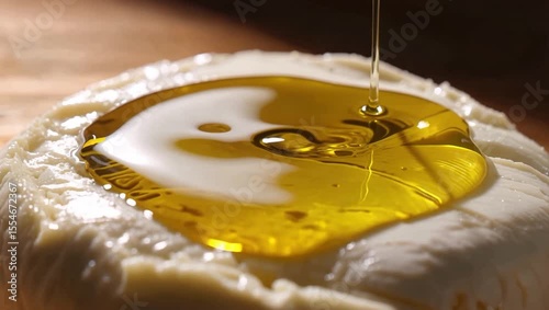 Olive Oil Drizzles Onto Fresh Mozzarella Creating a Glistening Droplet on a White Background
