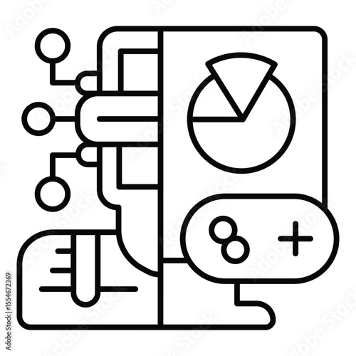 Non player character bot with game joystick thin line icon, neural network concept. Vector graphics. Game program data sign on white background, style mobile or design.