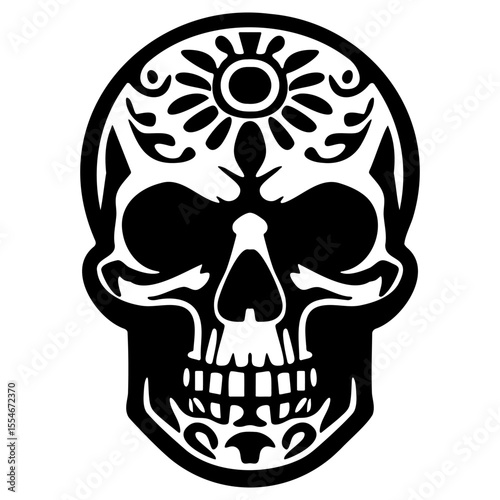 Colorful Day of the Dead skull sticker featuring intricate silhouettes of skulls against a vibrant background.