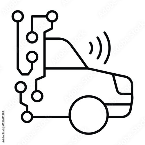 Car with wireless sensor circuit thin line icon, neural network concept. Vector graphics. Automobile with data connections sign on white background, style mobile or design.