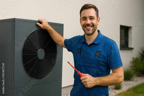 Skilled technician performs maintenance on air conditioning unit outside modern home on a sunny day