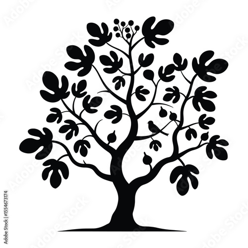 Black Silhouette Fig Tree Birds Fruit Leaves tree silhouette