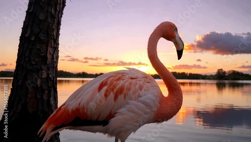 Flamingo Feathers Ruffle Gently in the Breeze at Sunset Over a Tranquil Lagoon