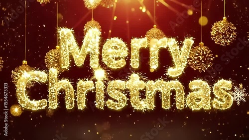 Shimmering Merry Christmas text with glowing baubles on a dark red background