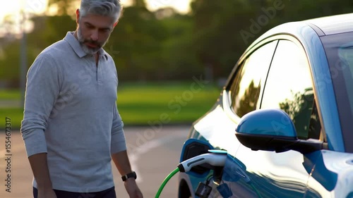 Man looking thoughtfully at his electric vehicle being charged outdoors, symbolizing sustainable transportation, green energy, and environmental consciousness.

