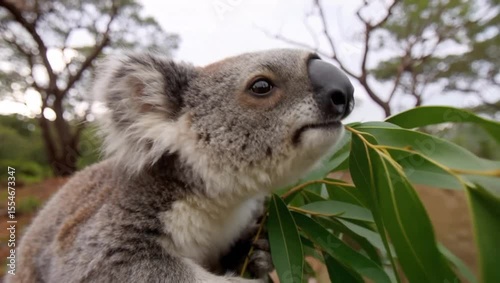 Close-up of Koala Sniffing Eucalyptus Leaf With Beautifully Detailed Nose and Texture in Natural Habitat