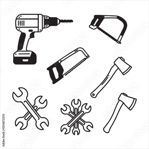 Collection of hand tools and power tools in a simple outline style