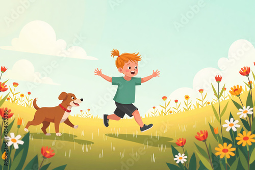Boy running joyfully with dog in vibrant flower field  