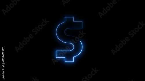 Blue Neon Glowing Dollar Icon Animation, Animated Dollar Sign, Glowing Money Symbol, Currency Icon Motion Graphic, Neon Dollar Light on Black Background
