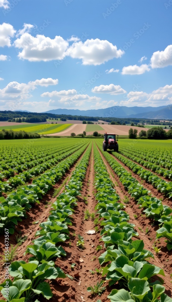 Obraz premium Gemini saidA lush green field of corn stretches in neat rows across the rural agriculture landscape under a clear blue summer sky, showcasing vibrant plant growth on the fertile farmland countryside