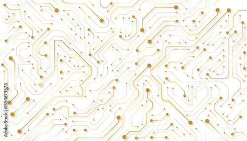 A golden background with golden circuit board lines, golden dots and yellow chips