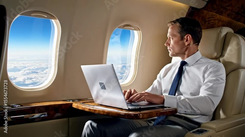 Businessman working on a laptop inside a private jet, looking out at a clear sky and clouds, symbolizing luxury travel, productivity, and high-end business.


