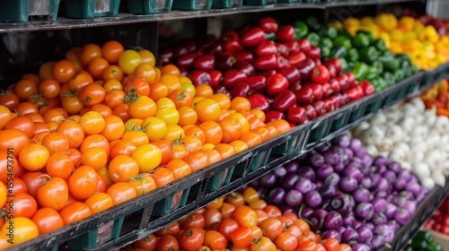 A Vibrant Display of Fresh Vegetables Varied in Color and Variety at a Market Stall, Highlighting Tomatoes, Peppers, and Eggplants in an Abundance of Natural Diversity