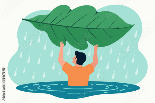 Man holding large leaf above head while standing in water  