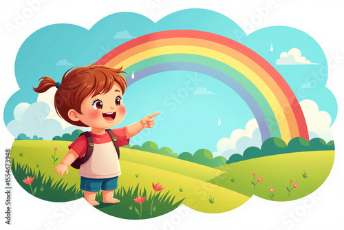 Happy child pointing at rainbow in sunny meadow landscape  