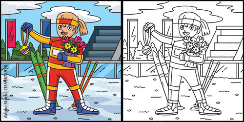 Female Biathlete Medal Bouquet Illustration 