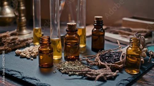 Bottles of Essential Oils and Herbal Ingredients on a Rustic Wooden Table in a Warm Atmosphere