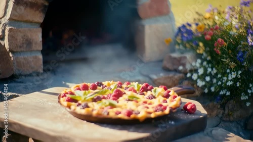 A Rustic Outdoor Pizza Oven Surrounded by Colorful Flowers and Fresh Ingredients for Culinary Delights