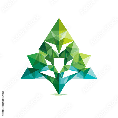 Abstract tree logo built from triangles and symmetrical shapes, expressing balance and growth.