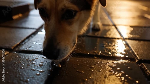 Dog Sniffing Rain-Soaked Pavement in a Calm Evening Setting Capturing the Essence of Curiosity and Exploration